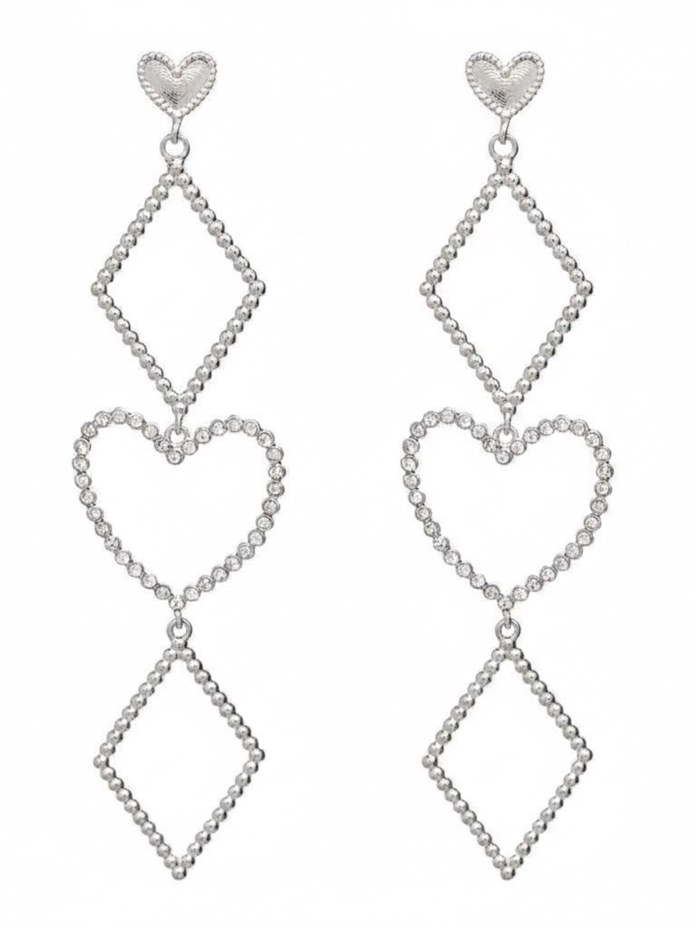 Womens Silver Diamond and Heart Dangle Drop Earrings